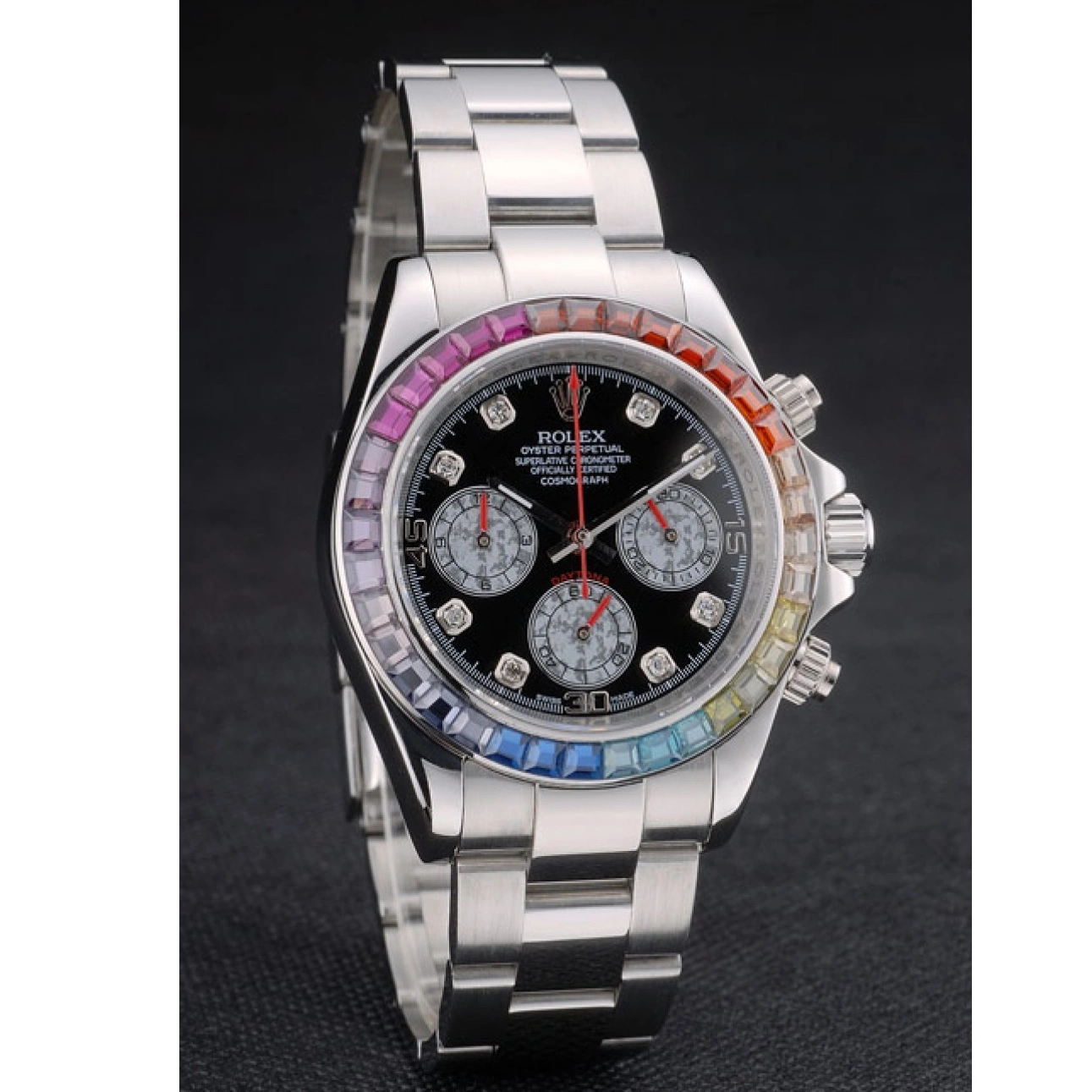 AAA replica watch Daytona Steep Dial Rolex Strap Rainbow Cosmograph 80250 Bezel Crystals Black Stainless 0604